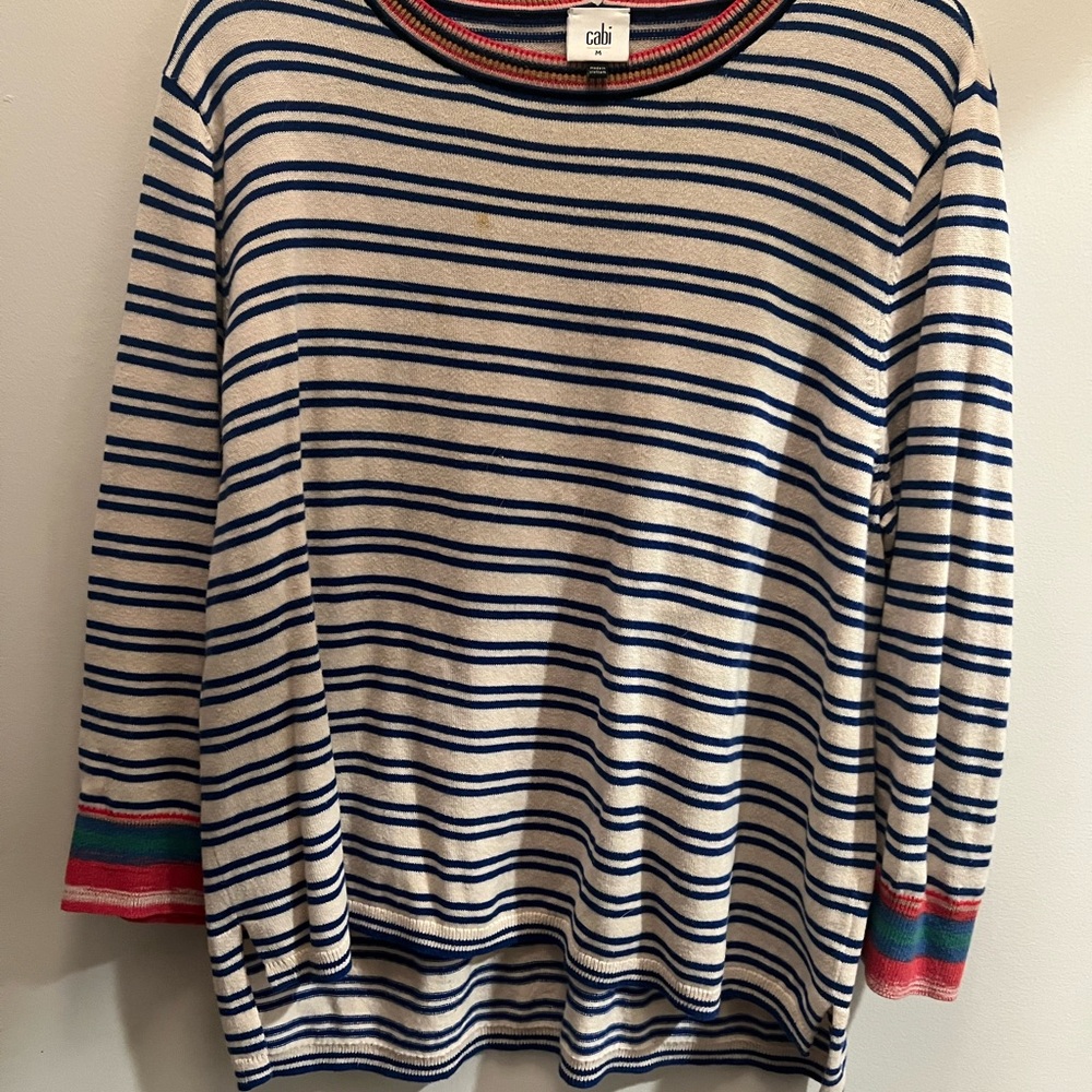 Cabi Striped Sweater - Blue and Cream with multi-color accent trim